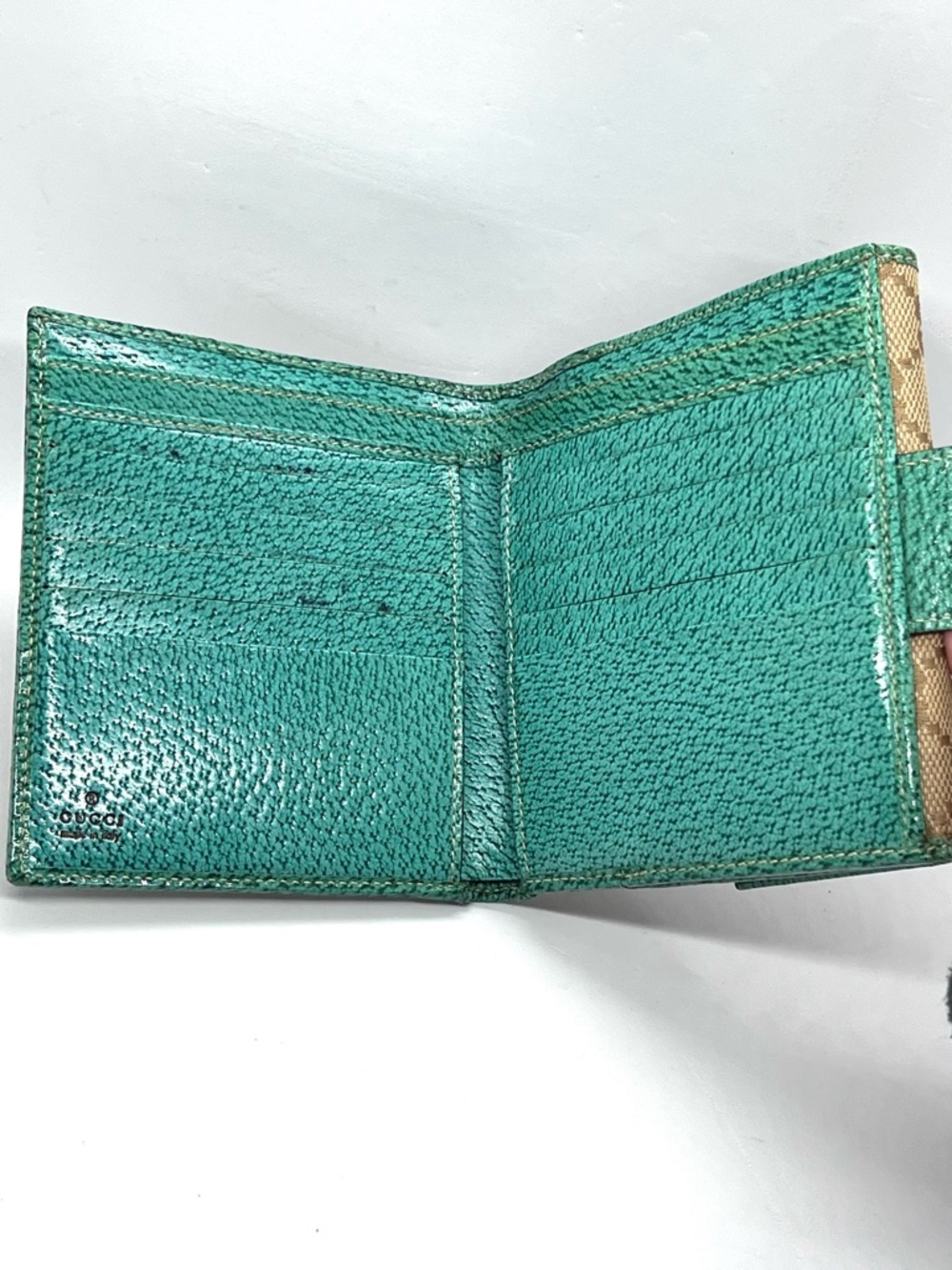Gucci GG Canvas Wallet Green Leather Trim Compact Italy COA - Picture 11 of 16